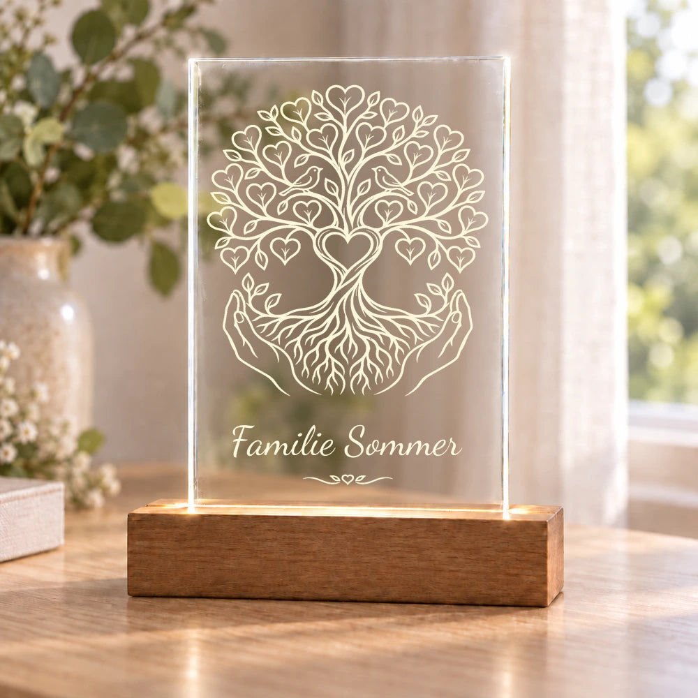 Lebensbaum – Dein Zuhause im Licht – Beleuchtetes Acrylschild mit Beispielname Familie Sommer – Dein Favorit Design