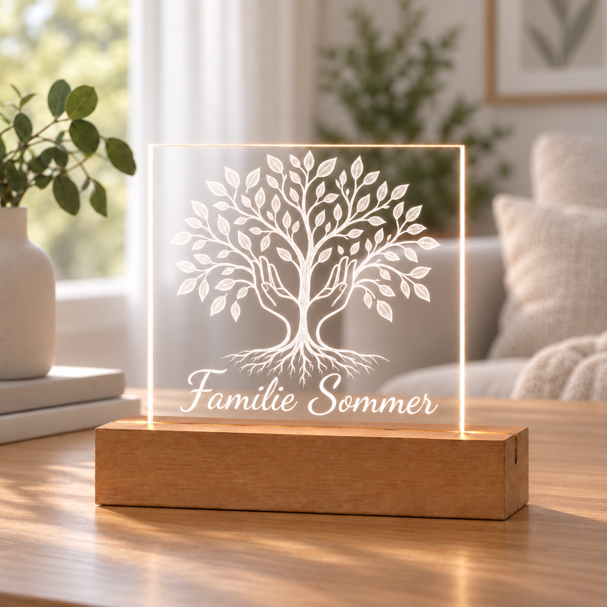 Acryllicht selbst gestalten – Gestaltungsbeispiel Familie Sommer – natürliche Wohnszene in Creme und Salbeigrün · Dein Favorit Design