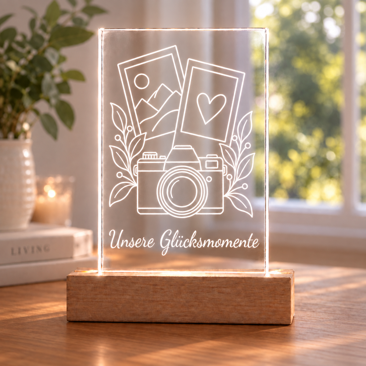 Acryllicht selbst gestalten – Gestaltungsbeispiel Unsere Glücksmomente – natürliche Wohnszene in Creme und Holz · Dein Favorit Design