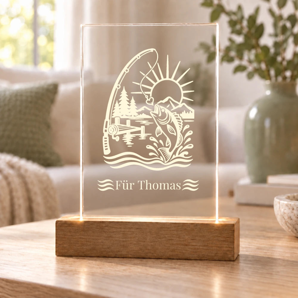Anglerglück – Ruhe am Wasser – Beleuchtetes Acrylschild mit Beispielname Für Thomas – Dein Favorit Design
