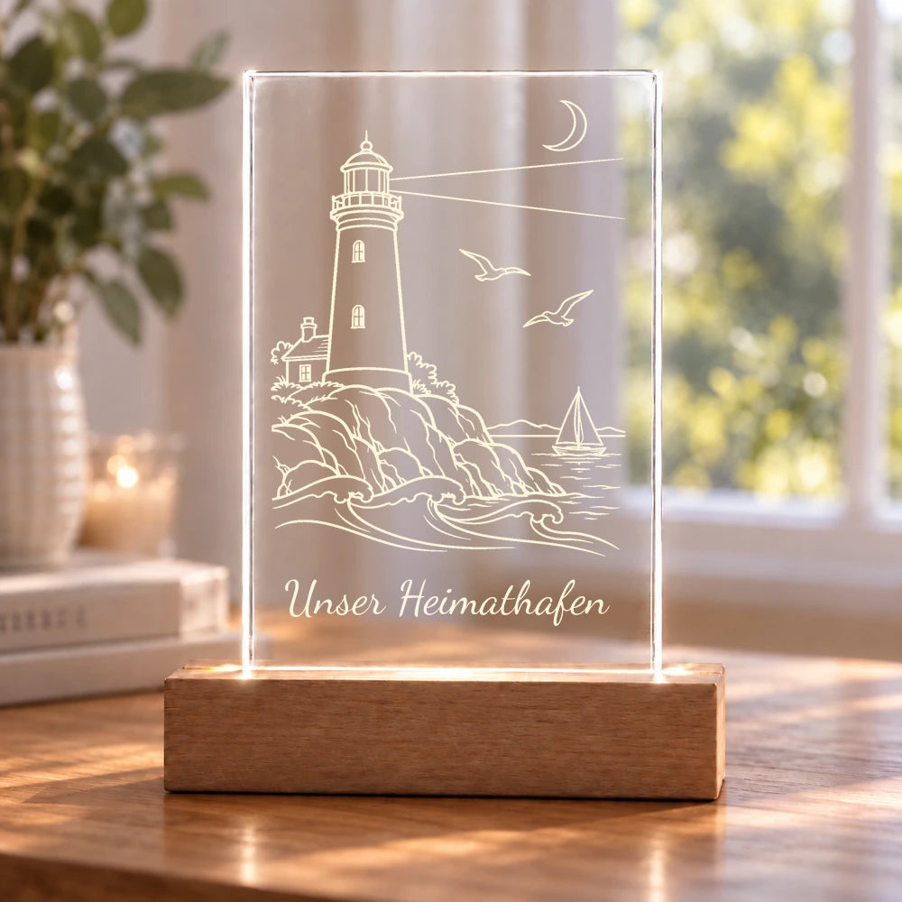 Wellenheimat – Acryllicht mit Wunschtext mit Beispielname Unser Heimathafen – Dein Favorit Design