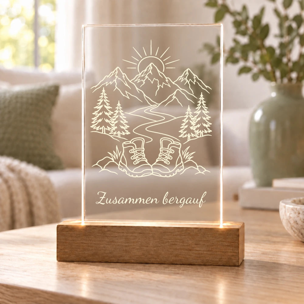 Gipfelglück – Acryllicht mit Wunschtext mit Beispielname Zusammen bergauf – Dein Favorit Design