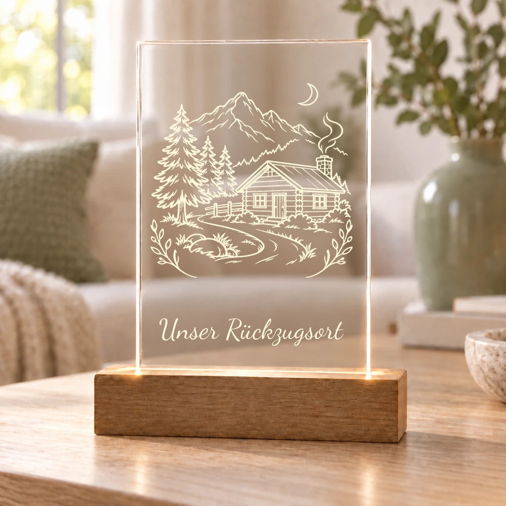 Hüttenzauber – Acryllicht mit Wunschtext mit Beispielname Unser Rückzugsort – Dein Favorit Design