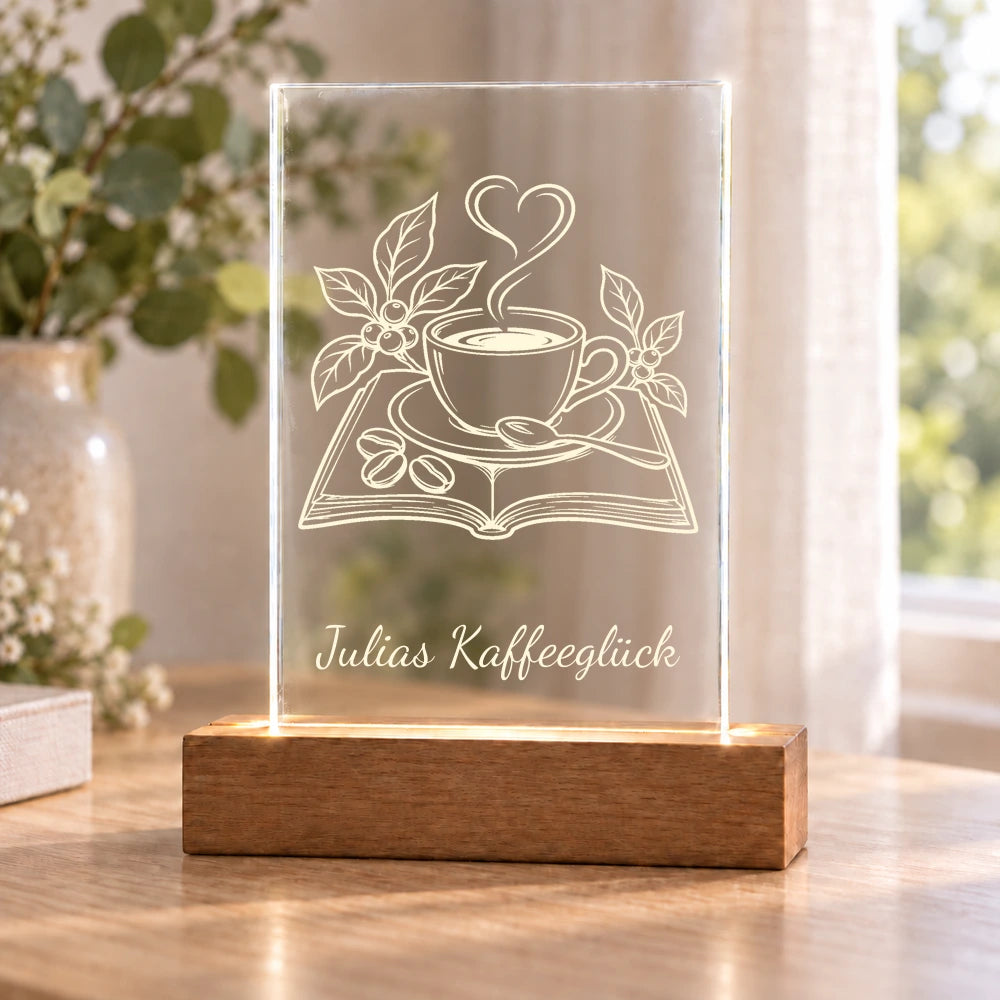 Espressoliebe – Acryllicht mit Wunschtext mit Beispielname Julias Kaffeeglück – Dein Favorit Design
