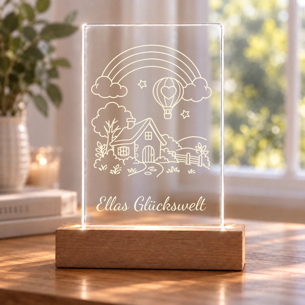 Regenbogenland – Acryllicht mit Wunschtext mit Beispielname Ellas Glückswelt – Dein Favorit Design