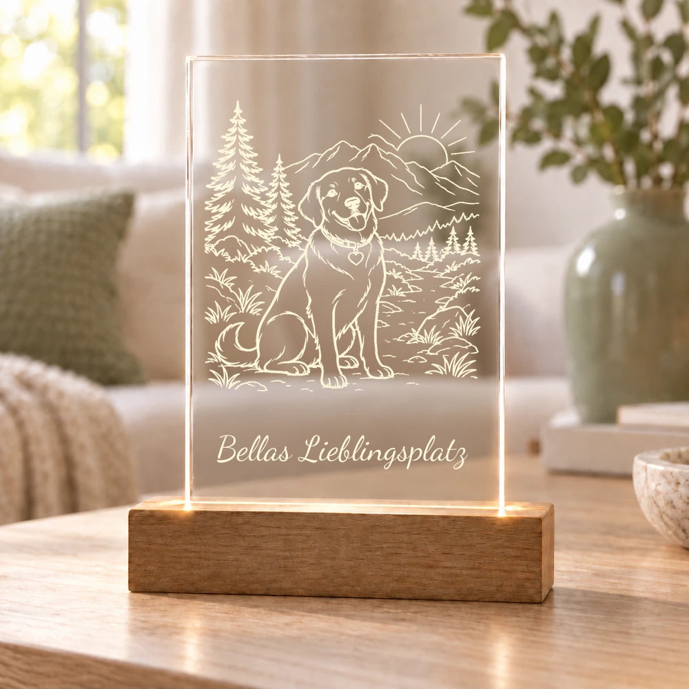 Hundeglück – Acryllicht mit Wunschtext mit Beispielname Bellas Lieblingsplatz – Dein Favorit Design