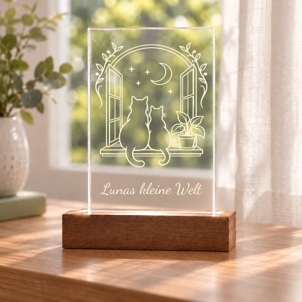 Katzenfenster – Acryllicht mit Wunschtext mit Beispielname Lunas kleine Welt – Dein Favorit Design