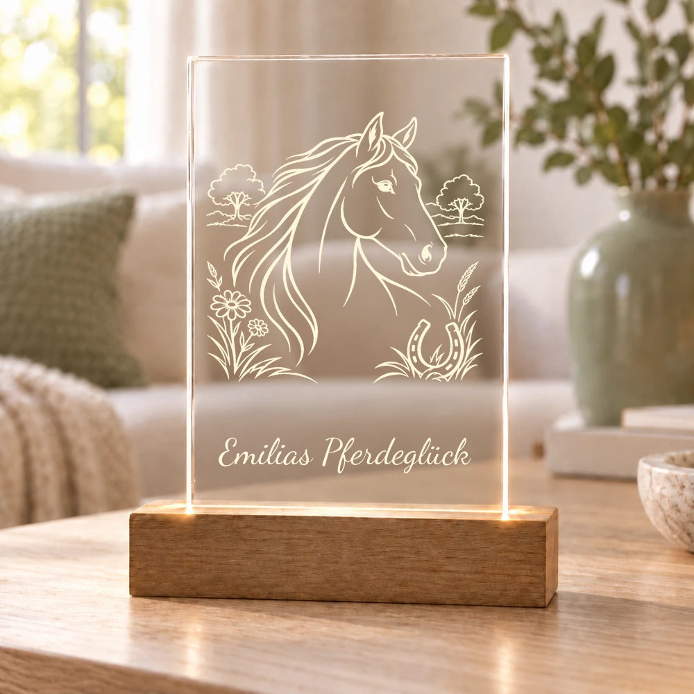 Reitmoment – Acryllicht mit Wunschtext mit Beispielname Emilias Pferdeglück – Dein Favorit Design