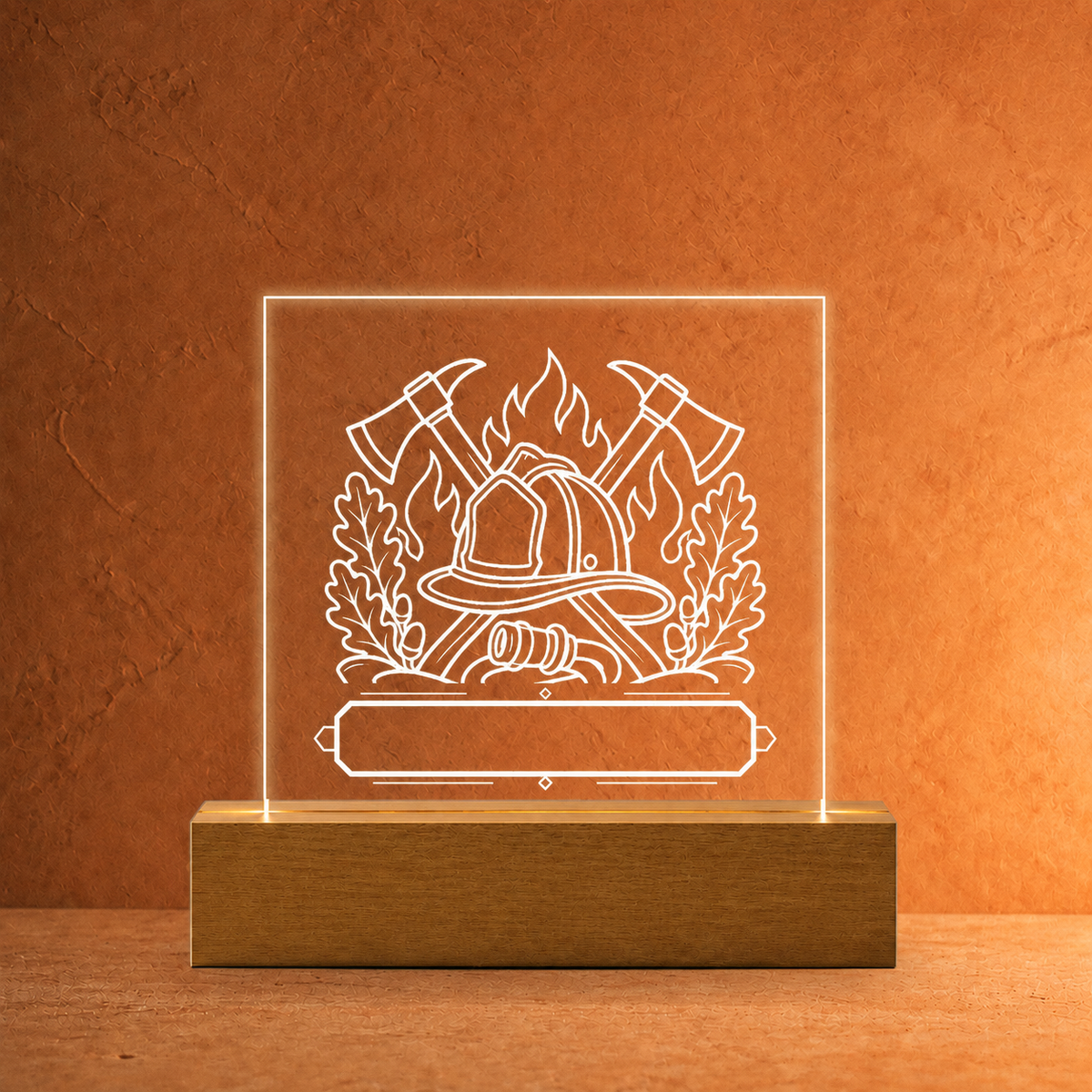 Dein Favorit – Feuerwehrheld Acrylschild 11 × 11 cm · sauberer Holzsockel