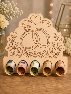 Geldhalter 1:1 geprüft · Geldhalter zur Hochzeit – Eheringe im Blumenkranz · Produktfoto 3