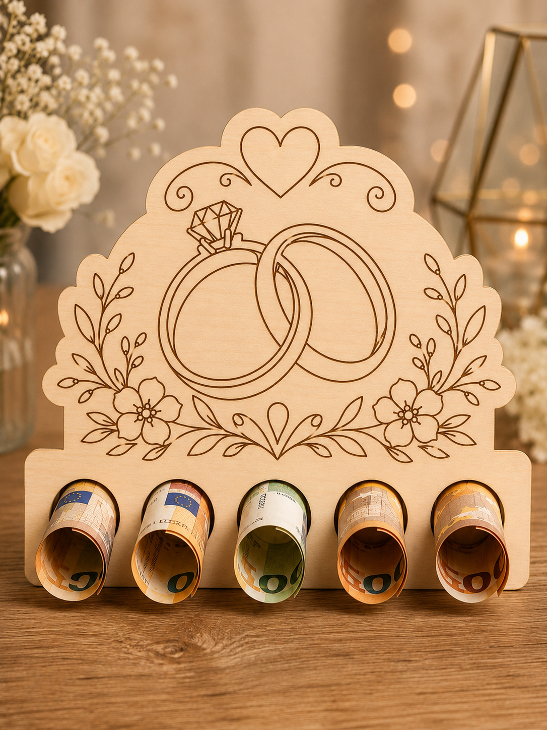 Geldhalter 1:1 geprüft · Geldhalter zur Hochzeit – Eheringe im Blumenkranz · Produktfoto 4