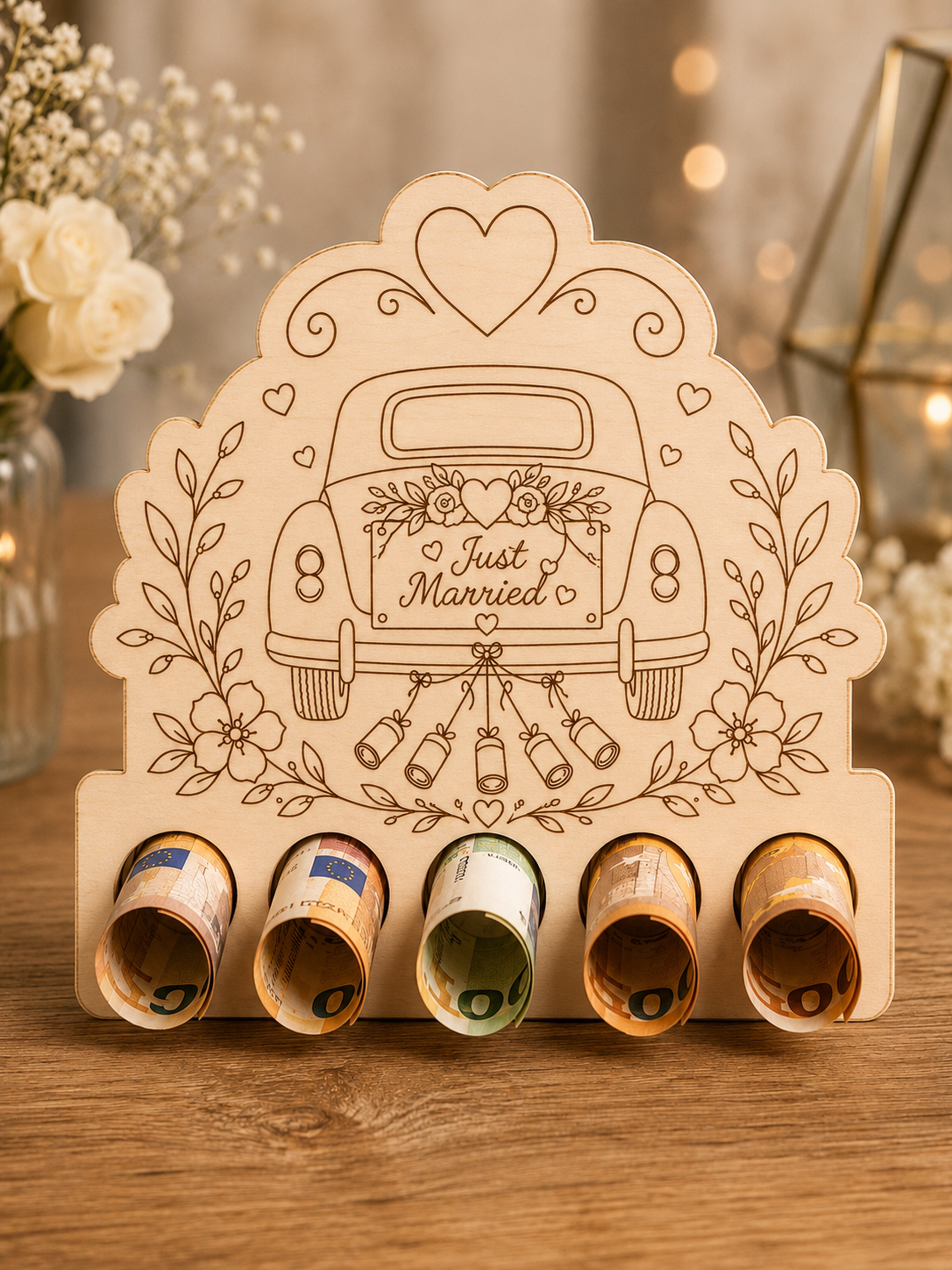 Geldhalter 1:1 geprüft · Geldhalter zur Hochzeit – Hochzeitsauto · Produktfoto