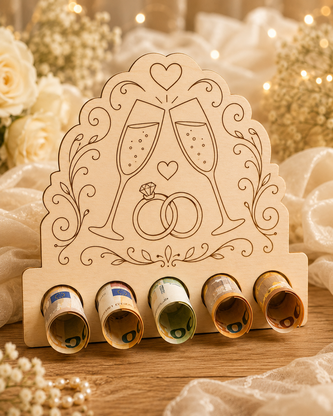 Geldhalter 1:1 geprüft · Geldhalter zur Hochzeit – Sektgläser & Eheringe · Produktfoto