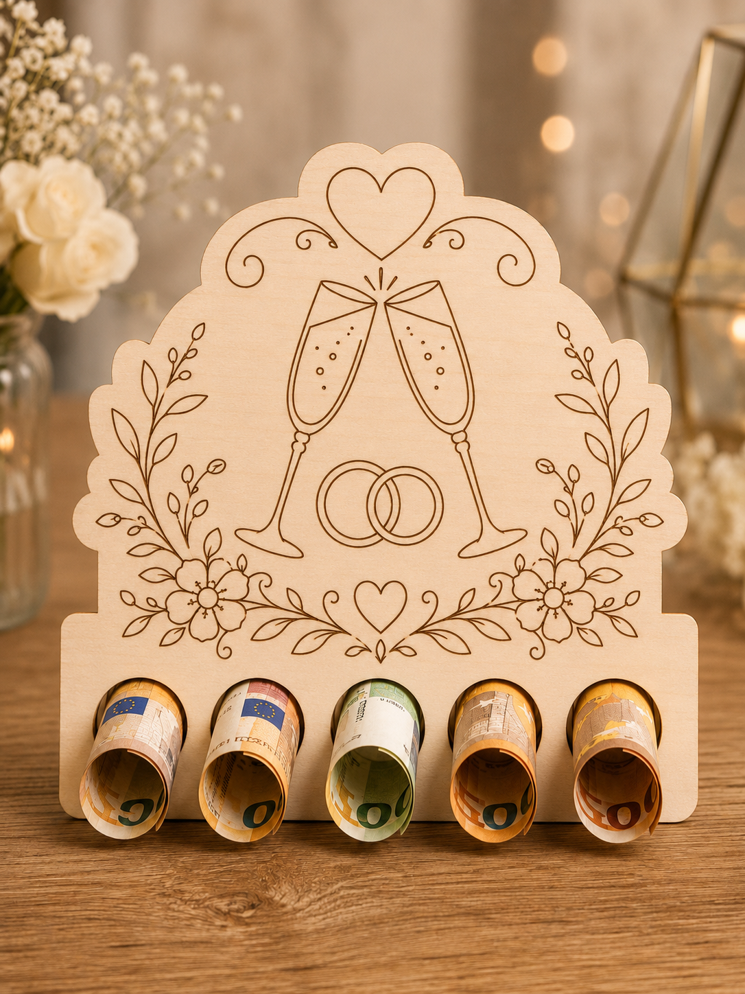 Geldhalter 1:1 geprüft · Geldhalter zur Hochzeit – Sektgläser & Ringe floral · Produktfoto