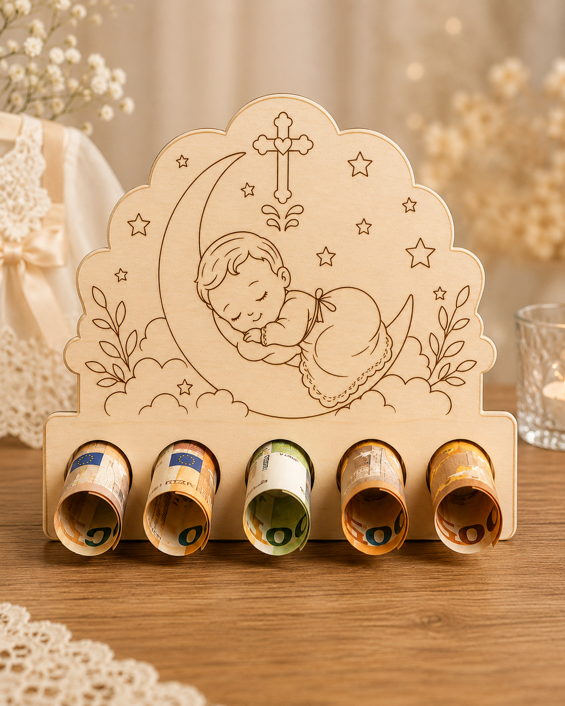 Geldhalter 1:1 geprüft · Geldhalter zur Taufe – Baby auf dem Mond · Produktfoto